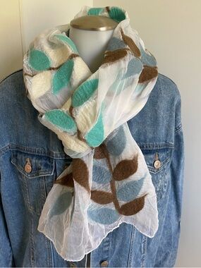 Nuno Felted Merino Wool/Chiffon White, Teal, Denim and Brown Leaf Pattern Scarf